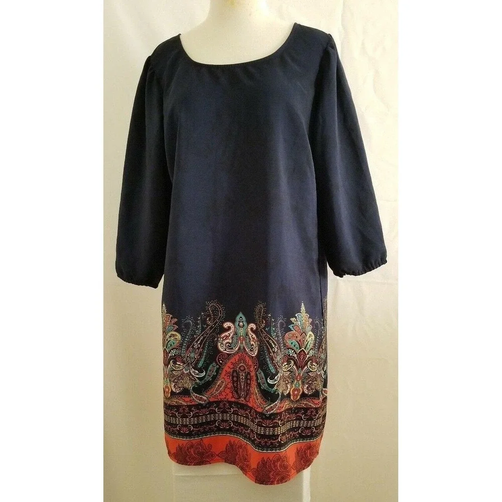 Bebop Women's Navy Blue/Multicolor 3/4 Sleeve Paisley Print Shift Dress Sz Large